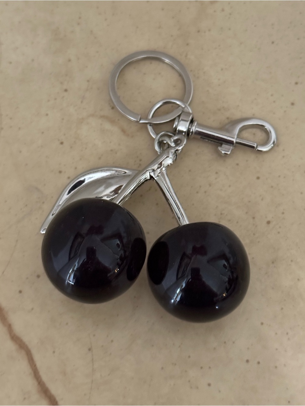 Cherry Keychain Pendant in Shiny Black and Silver